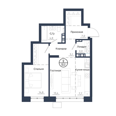 Планировка 2-комн 55 м²