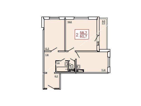 Планировка двухкомнатной квартиры 60,7 кв.м. Этажи 2-9