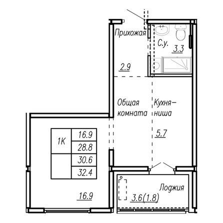 Планировка 1-комн 30,6 м²