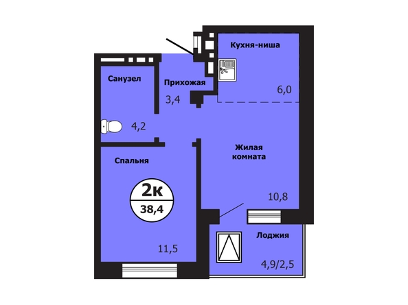 Планировка 2-комн 38,4 м²