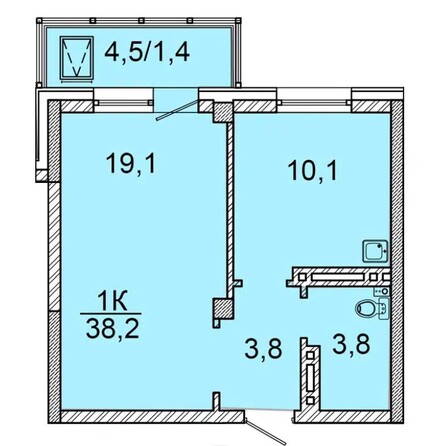 Планировка 1-комн 37,6 - 38,2 м²