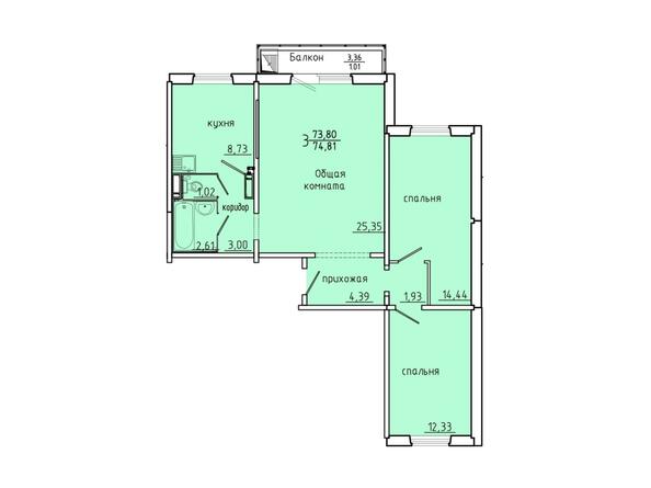 Планировка трехкомнатной квартиры 74,81 кв.м
