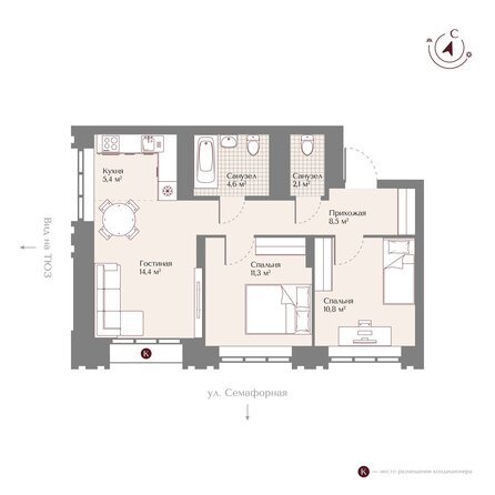Планировка 3-комн 57,1 м²