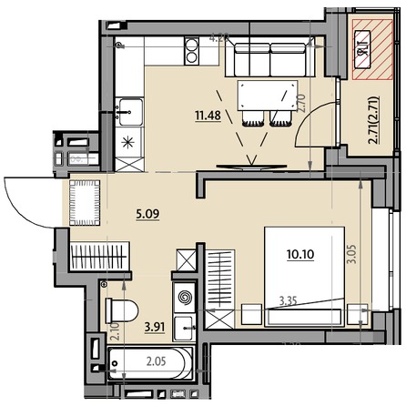 Планировка 1-комн 33,5 м²