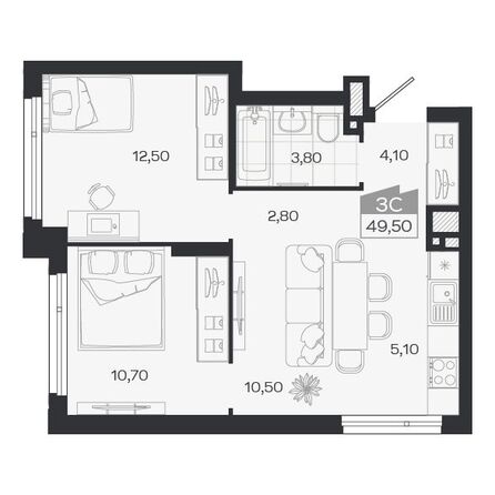Планировка 3-комн 49,5 м²