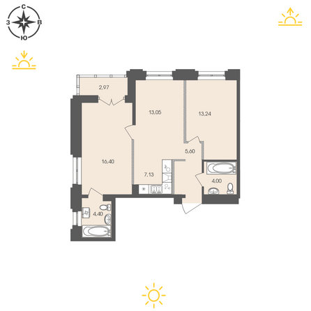 Планировка 2-комн 66,79 - 67,09 м²