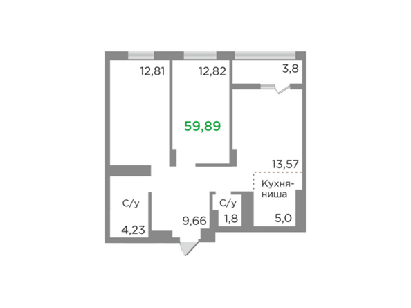 Планировка трехкомнатной квартиры 59,89 кв.м