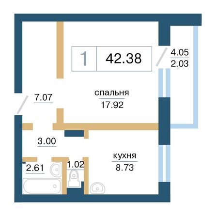 Планировка 1-комн 42,38 м²