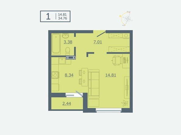 1-комнатная 34,76 кв.м.
