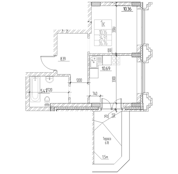 Планировка 1-комн 34,91 м²