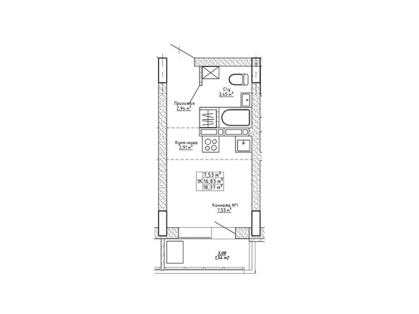 Планировка однокомнатной квартиры 18,37 кв.м