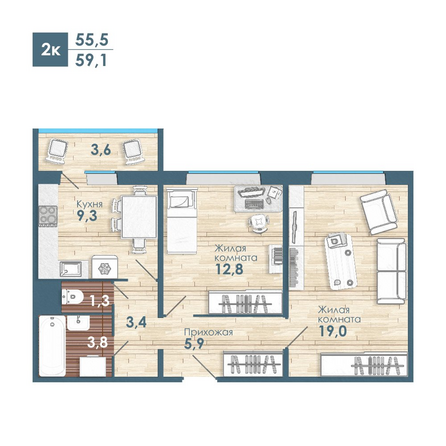 Планировка 2-комн 59,1 м²