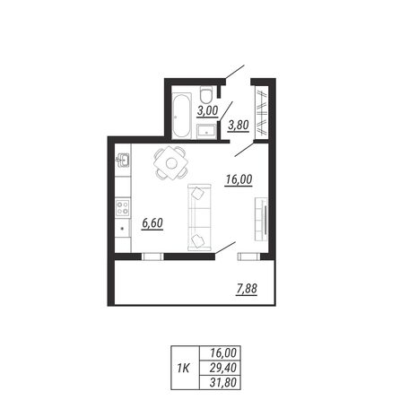 Планировка 1-комн 31,8 м²