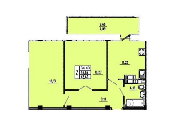 Планировка 2-комнатной квартиры 63,49 кв.м