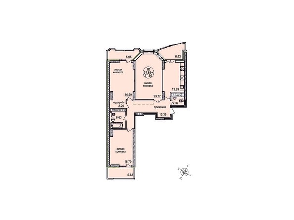 Планировка трехкомнатной квартиры 97,89 кв.м