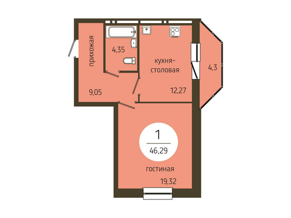 1-комнатная 46,29 кв.м