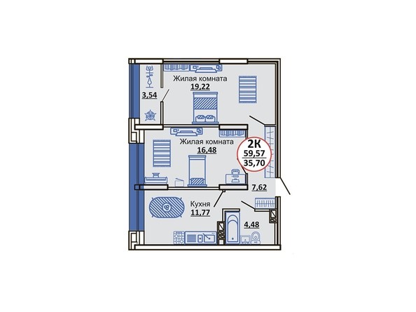 Планировка 2-комнатной квартиры 59,22- 59,57 кв.м
