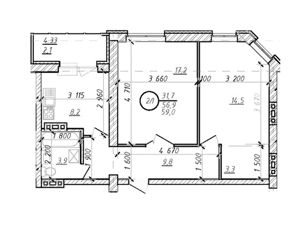 2-комнатная 56.9 - 59 кв.м