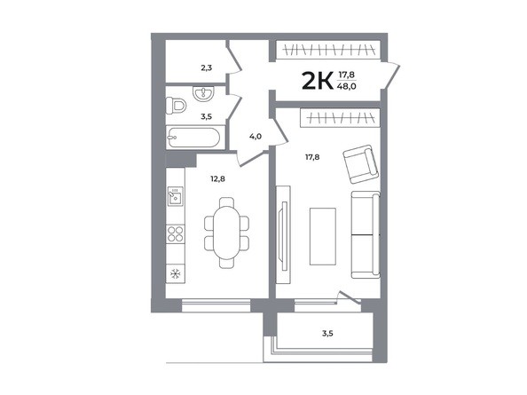 Планировка 1-комн 47,9, 48 м²