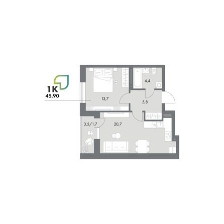 Планировка Студия 45,9, 46,3 м²