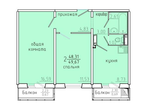 Планировка двухкомнатной квартиры 49,67 кв.м
