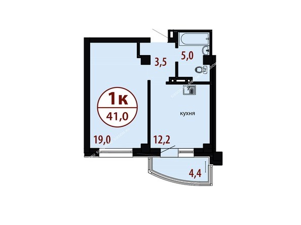 Секция №1. Планировка однокомнатной квартиры 41,0 кв.м