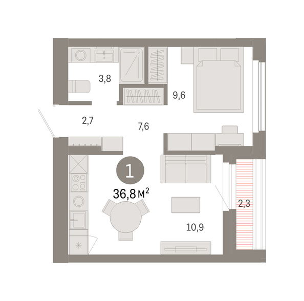 Планировка 1-комн 36,76 м²