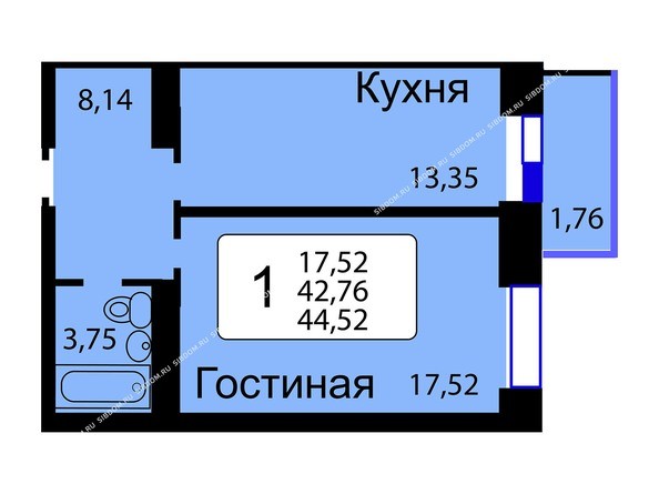 Б/С - 14. Планировка однокомнатной квартиры 44,52 кв.м. Этажи 1-9.