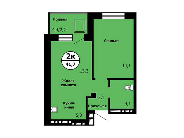 Типовая планировка 2-комнатной квартиры 41,7 кв.м