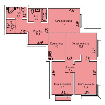 Планировка 4-комн 86,6 - 87,7 м²