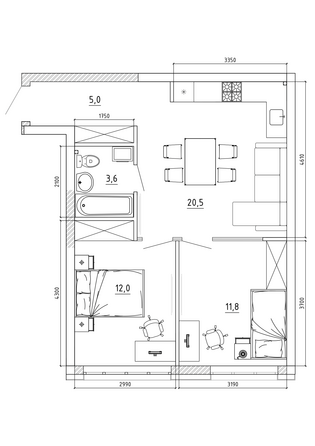 Планировка 2-комн 53 м²