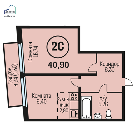 Планировка 2-комн 40,9 м²