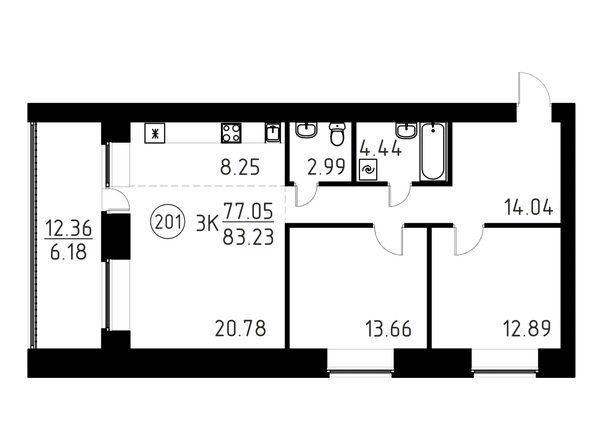 Планировка 3-комн 83,23 м²