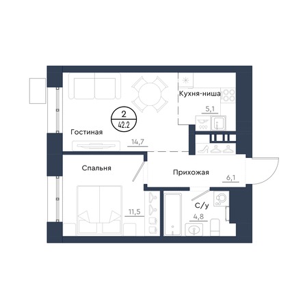 Планировка 2-комн 42,2 м²