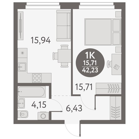 Планировка 1-комн 42,23 м²