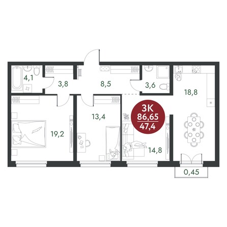 Планировка 3-комн 86,65 м²