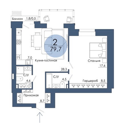 Планировка 2-комн 79,7 м²