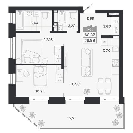 Планировка 3-комн 60,37 м²