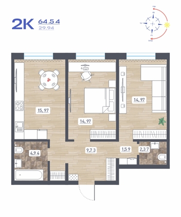 Планировка 2-комн 64,54 м²