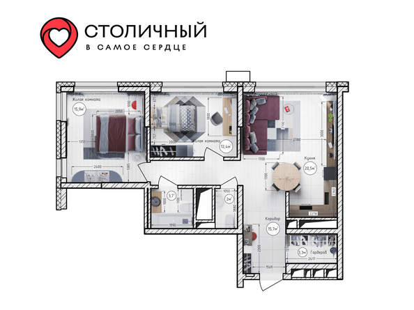 Планировка 2-комн 73,5 м²