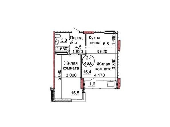 Планировка двухкомнатной квартиры 46,6 кв.м