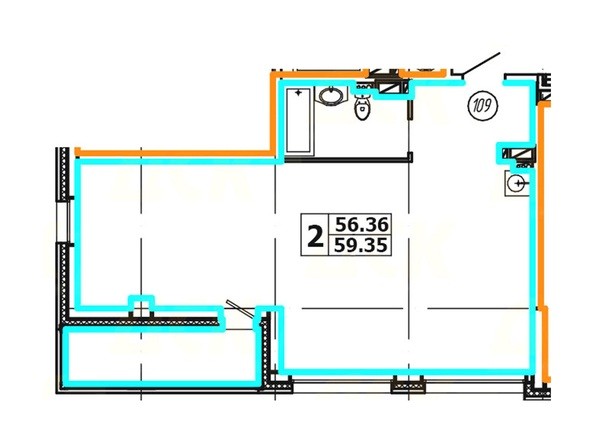 Планировка 2-комнатной квартиры 59,35 кв. м