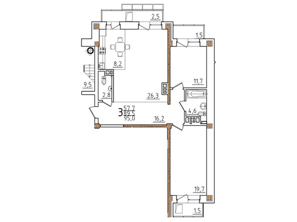 Планировка трехкомнатной квартиры 95 кв.м