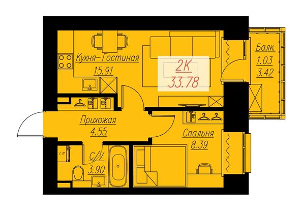 Планировка 2-комн 33,78 м²