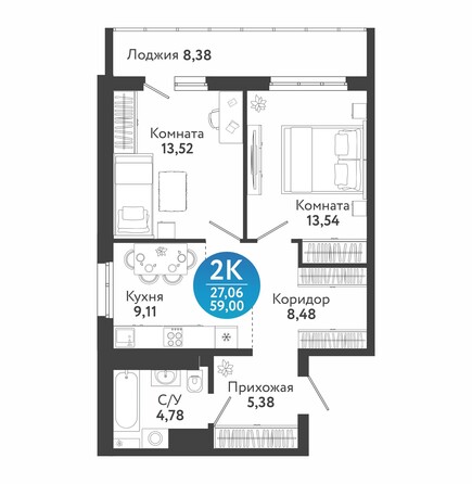 Планировка 2-комн 59 - 61,6 м²