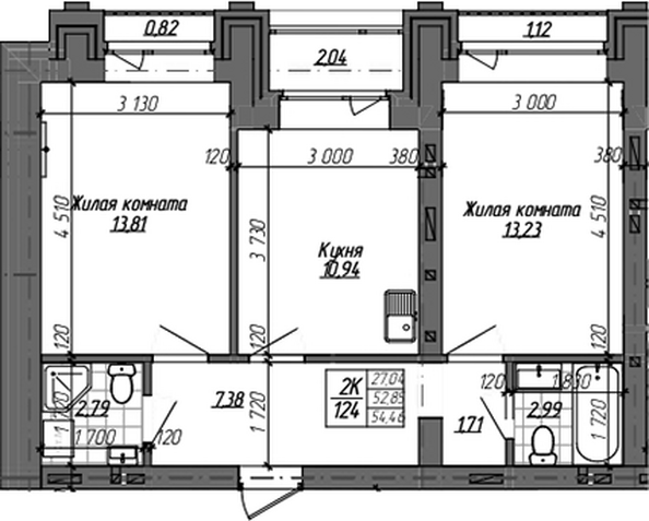 Планировка 2-комн 52,85 м²