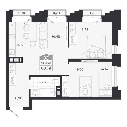 Планировка 3-комн 58,68 м²