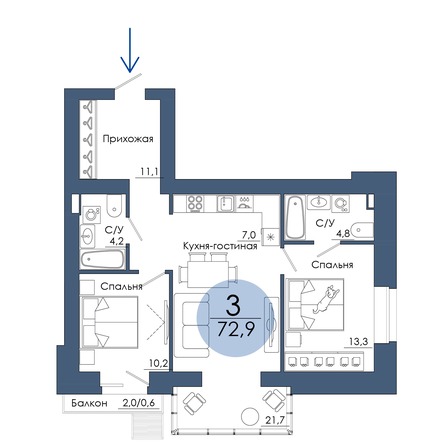 Планировка 3-комн 72,9 м²
