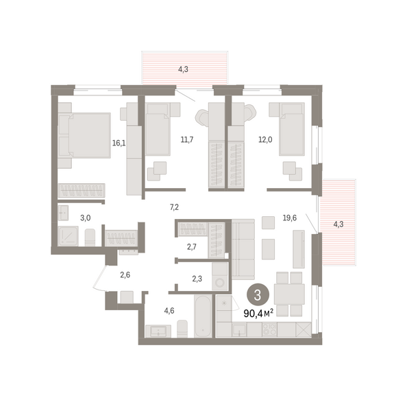 Планировка 3-комн 90,43 м²