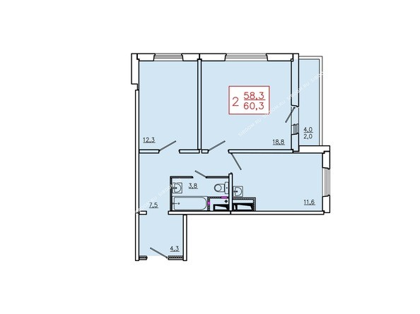 Планировка двухкомнатной квартиры 60,3 кв.м. Этаж 17.